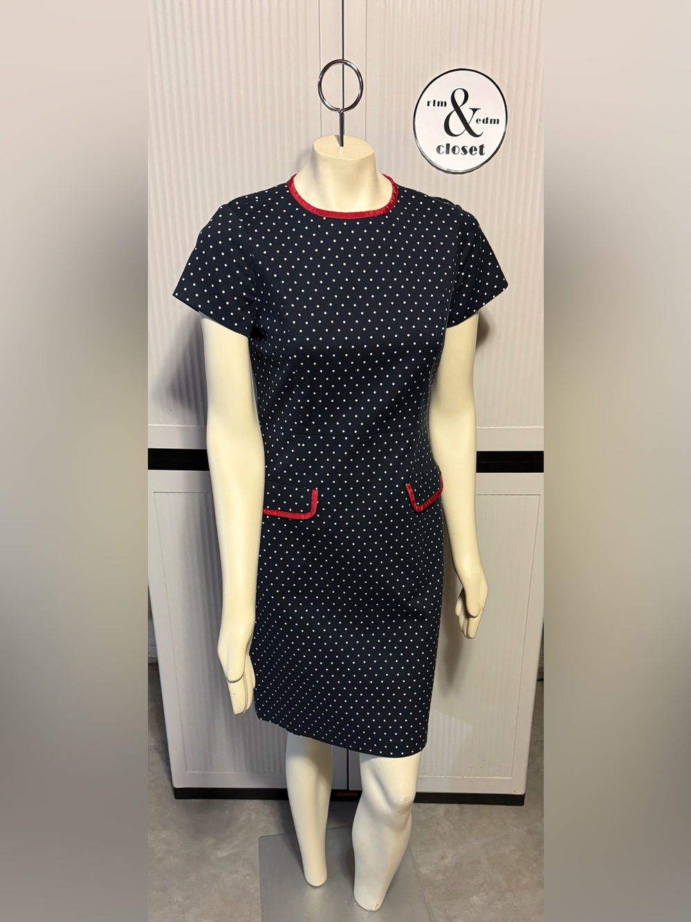 Brooks Brothers Navy w/White Polka Dot Sheath Dress with Red Trim - Charming!